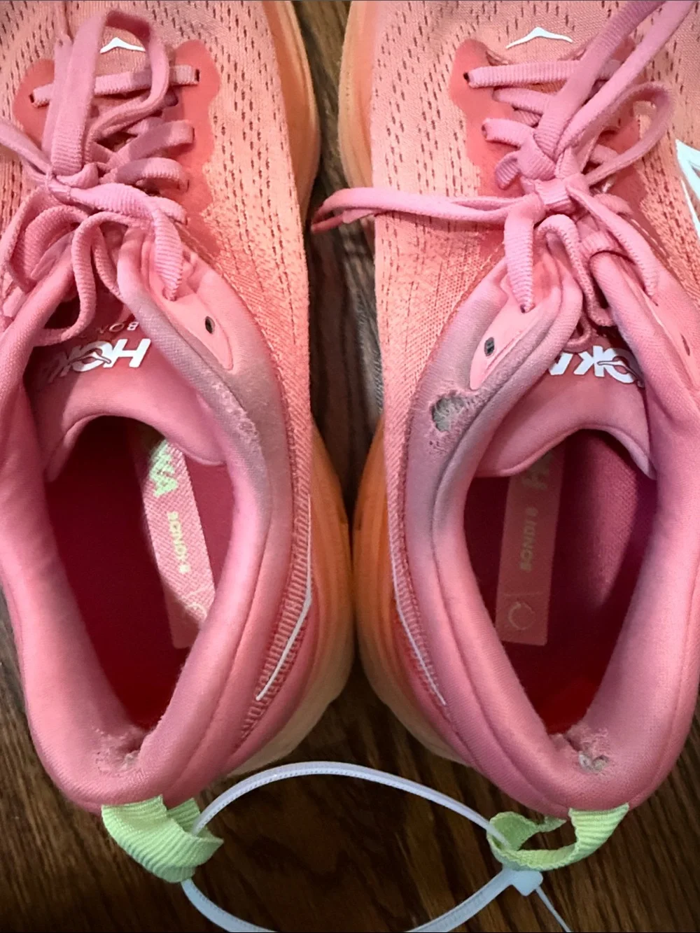 Hoka Women's Coral Pink Bondi 8 Athletic Running Shoes with Mint Accents 10B